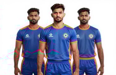 A portrait of three Kabaddi players in their official blue and orange team jerseys, standing tall and looking confident. Bright, energetic studio lighting with a clean white background.