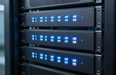 A close-up photography shot of high-end server equipment in a professional data center. Cool blue and light blue LED indicators glow against a clean, organized hardware layout, representing innovation and reliability.