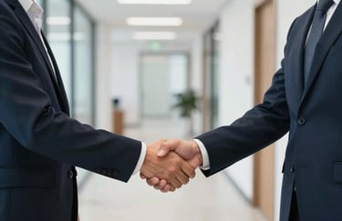 A professional photography shot of two business people shaking hands in a bright, modern North American office hallway, conveying a successful partnership and trust. Clean lighting and sharp focus.