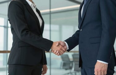 Professional handshake between two people in a glass office setting, symbolizing a reliable and long-term business partnership.