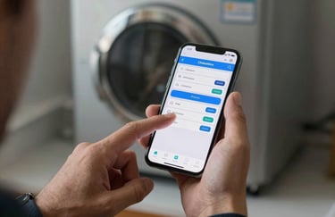 A technician's hand pointing at a smartphone screen showing a professional scheduling app, symbolizing quick assistance, with a modern boiler in background.