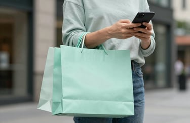 A person checking their smartphone while holding a sturdy shopping bag in a clean North American / US city setting, Pale Mint Green elements in the background.