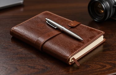 A leather-bound campaign notebook and a silver pen resting on a dark wood desk in a North American legal office, sharp focus, professional lighting.