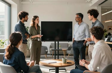 A photograph of a diverse team of professionals collaborating around a screen in a sunlit lounge area. The environment is approachable and creative. International / Global atmosphere.