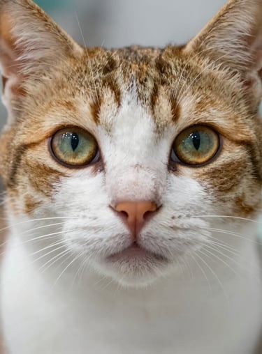 Close up of a cat's bright, healthy eyes and wet nose, professional veterinary photography style.