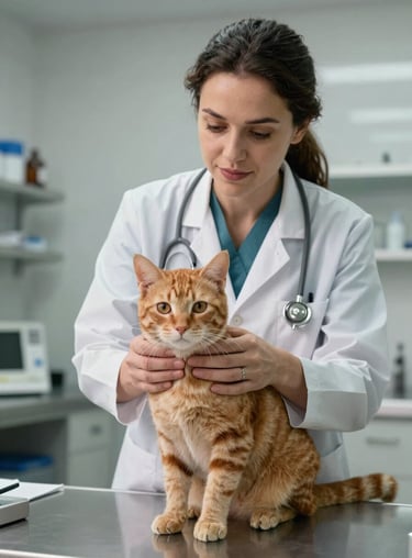 A veterinarian gently examining a calm ginger cat in a clean, modern clinic setting, Latin American context.