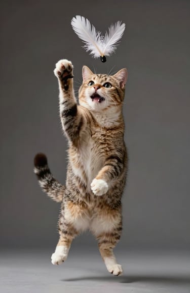 A happy cat jumping to catch a feather toy, high-speed photography showing athletic movement.