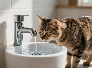 A cat drinking from a clean, modern water fountain in a sunlit corner of a home.