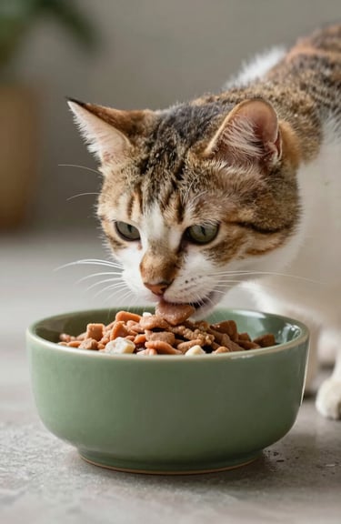 A healthy cat eating premium food from a matte forest green ceramic bowl, soft lighting.