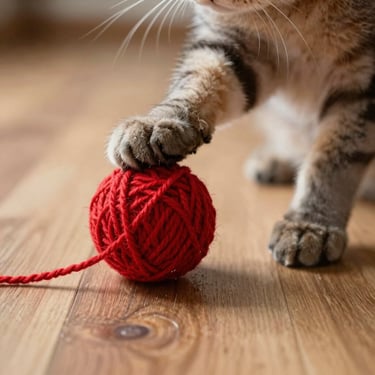 Close up of a cat's paws playing with a crimson red yarn ball on a wooden floor.