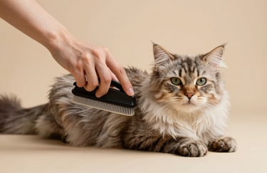 A professional hand gently brushing a long-haired cat on a soft beige surface, warm atmosphere.