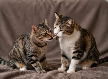 Two cats grooming each other affectionately on a soft muted brown blanket.