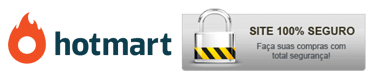 Hotmart logo next to a 100% secure site badge with a padlock for safe online shopping.