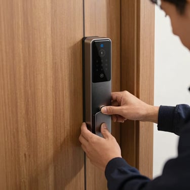 Action shot of a technician precisely installing a smart security lock on a modern wooden door in a North American US residence.