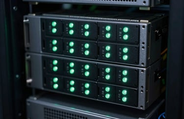 A close-up of high-tech server hardware with soft Mint Green glowing indicator lights, symbolizing technical expertise and reliable infrastructure in a North American data center.