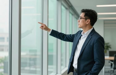 A professional North American business leader gesturing confidently toward a wall of glass windows in a clean, modern executive office with Mint Green and Forest Green accents.
