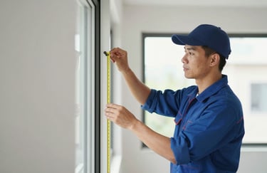 A professional installer in a clean uniform carefully measuring a window frame in a modern apartment, suggesting expert service and attention to detail.