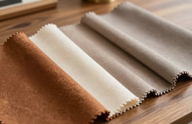 Close-up of fabric swatches in bronze, cream, and taupe, lying on a wooden table, representing the wide choice of materials and high-end textures available.