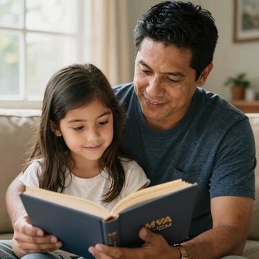 A tender moment showing a North American / Hispanic father and young daughter reading a book together in a sunlit room, emphasizing legacy and family values.