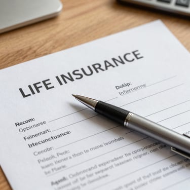 A close-up photograph of a pen resting on a life insurance document on a clean, wooden desk, representing professional financial expertise and planning.
