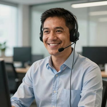 A portrait of a professional operator in a modern South American office, focusing on a confident smile and a high-quality headset. Soft natural lighting emphasizes a welcoming and trustworthy atmosphere.