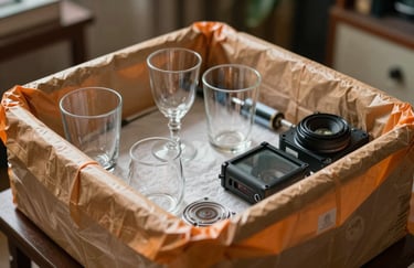 A close-up photograph of fragile glassware and electronic items securely wrapped in professional padding and orange-tinted protective wrap in a South Asian / Indian home.