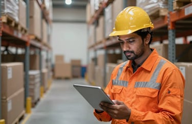 A logistics professional in a vibrant orange uniform inspecting a cargo manifest using a tablet in a clean, modern South Asian / Indian warehouse setting.
