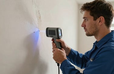 A restoration technician in a professional uniform using a thermal imaging camera to detect hidden moisture behind a wall, North American setting.