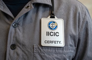 A detailed close-up of an official IICRC certification badge on a clean professional uniform, set against a blurred background of restoration equipment.