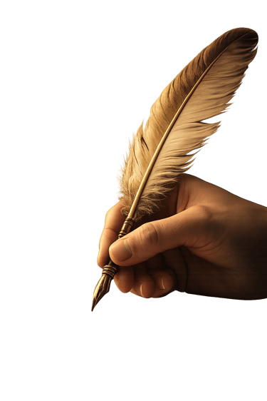 Hand holding a vintage quill pen with a brown feather and gold nib for calligraphy writing.