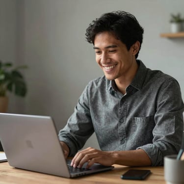 A smiling North American professional at a desk with a laptop, looking relieved and happy while video conferencing, indicating a smooth connection.