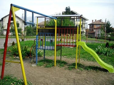 Outdoor colorful metal playground set featuring a slide, climbing frame, and monkey bars in a residential backyard.