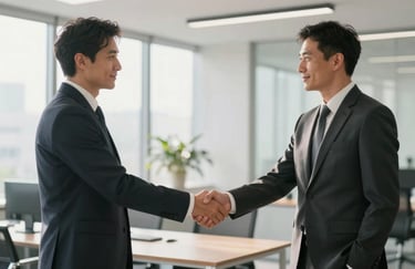 A professional handshake between two business partners in a sleek, modern Central European / German office. Soft morning light, professional attire, clean composition.