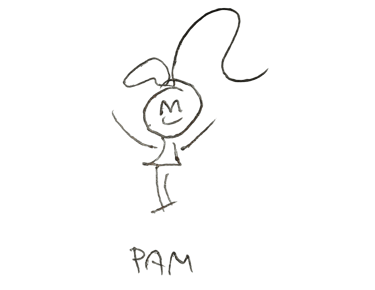 A simple line drawing of a dancing girl with a ponytail and the name Pam on a black background.