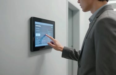 A person in smart-casual attire interacting with a wall-mounted digital touch screen in a bright, modern light gray corridor. Clean lighting. Global / Tech-focused.