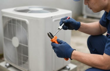 Professional maintenance service of an outdoor HVAC unit, showing clean, high-end tools and technical expertise.