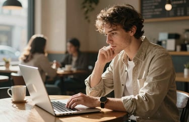 An agency professional in a casual yet professional outfit reviewing social media analytics on a laptop in a sun-drenched, cozy cafe setting in North America. The environment is warm and welcoming.
