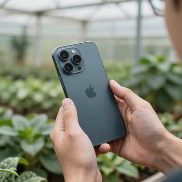A close-up shot of a person in a modern North American greenhouse environment using a high-end smartphone. The focus is on the sleek device held in clean hands against a backdrop of organic green foliage.