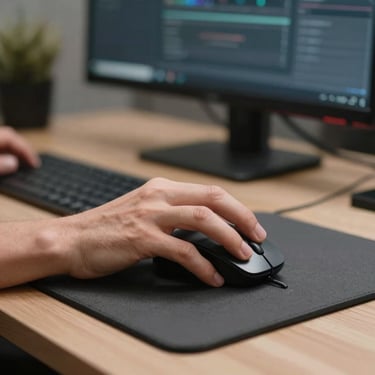 Photography of a creative professional's hands using a high-precision mouse on a charcoal-colored desk pad, with a blurred high-resolution monitor in the background, typical of a modern North American tech hub.