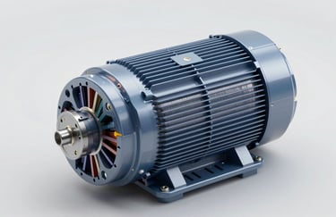A detailed technical rendering of an electrical machine motor, semi-transparent to show inner coils and magnets, using professional engineering colors #0F1B2B and #7BA0BF.