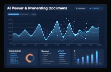 A digital representation of an AI-driven energy dashboard showing real-time optimization waves and data nodes in #2D4A6E and #7BA0BF colors.