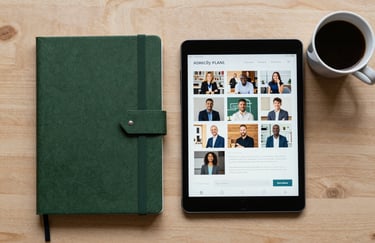 An overhead flat lay of an agency planning session: a Matte Forest Green notebook, a tablet showing a social media grid, and a coffee cup on a Crisp Parchment wooden table.