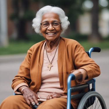 A friendly caregiver gently assisting an elderly resident with a smile in a cozy living room.