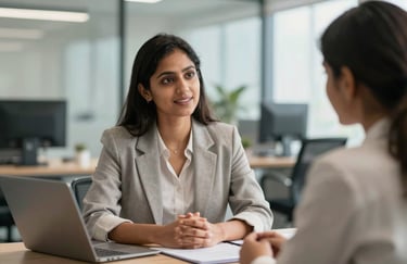 A professional South Asian female consultant talking politely with a client in a modern office, emphasizing supportive communication and professional service.