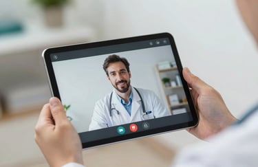 Close-up of a healthcare provider's hands holding a tablet with a video call interface active, conveying a sense of personal connection through digital means. Soft, empathetic lighting.