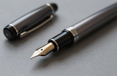 A close-up of a high-end fountain pen resting on a muted grey desk surface, symbolizing professional management consulting.