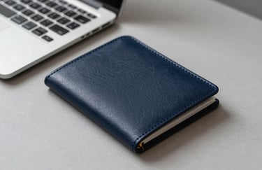 A professional leather portfolio in deep navy resting on a light grey desk beside a silver laptop. Minimalist and corporate aesthetic.