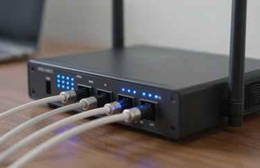 Close-up of a high-tech fiber optic router in a Global home office setting, Steel Blue indicator lights, modern tech aesthetic.