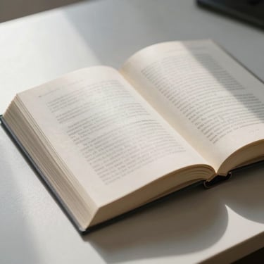 An open book on a clean desk, highlighting elegant typography on misty ice white pages in soft morning light.