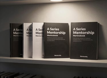 A series of mentorship workbooks displayed on a minimalist shelf under soft, focused spotlighting.